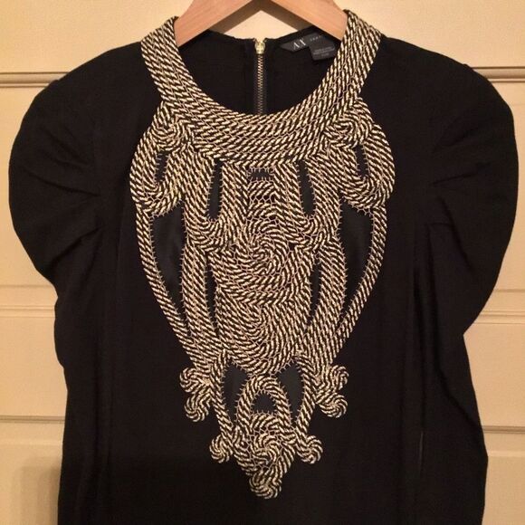 Armani Exchange Y2K Gold Chain-Link Embellished Black Dress Puff Sleeves - Picture 3 of 6